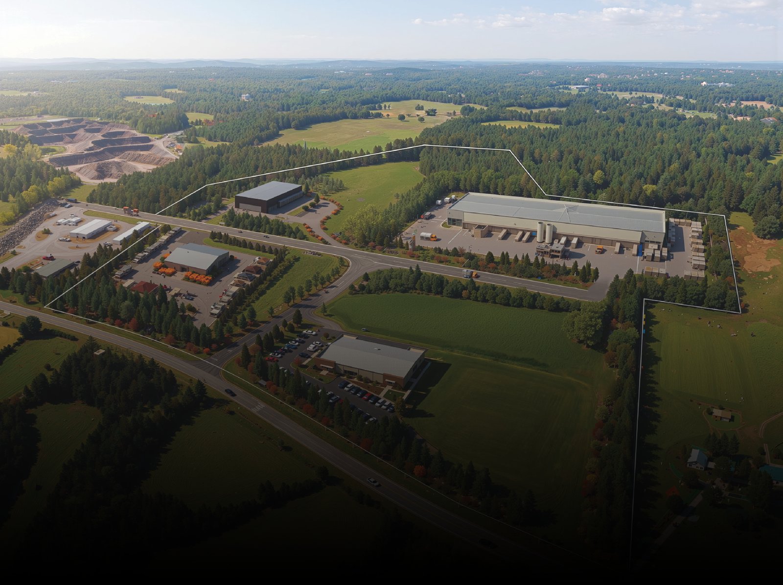 Aerial rendering of the proposed Quantum Park showing landscaped buffers around indoor manufacturing buildings beside the existing quarry